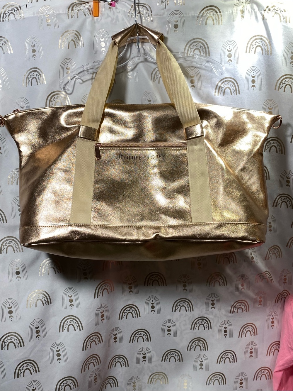Jennifer Lopez Metallic Gold Travel Tote with Cream Straps